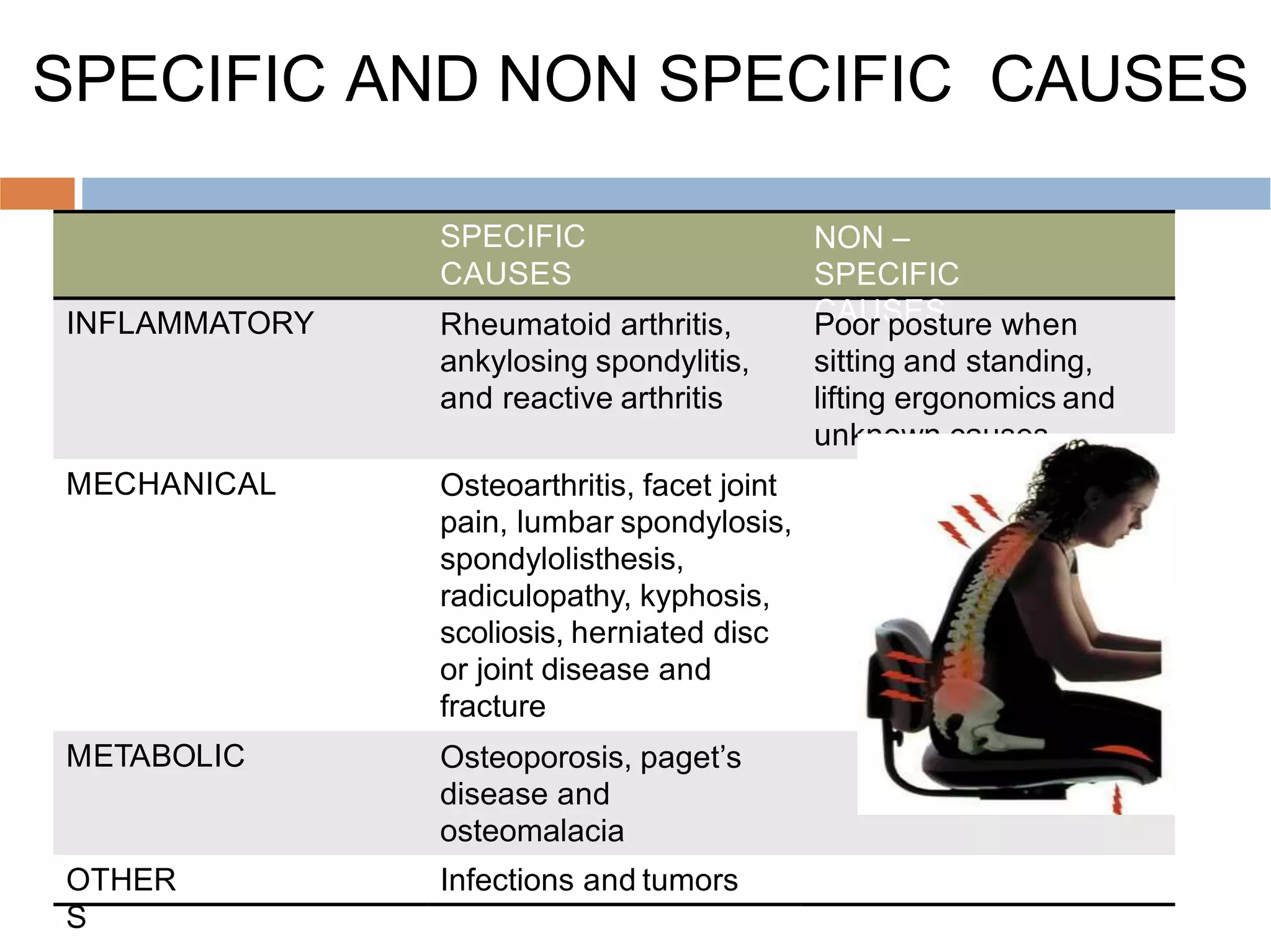 SPECIFIC AND NON SPECIFIC CAUSES
SPECIFIC
CAUSES
NON –
SPECIFIC
CAUSES
INFLAMMATORY Rheumatoid arthritis,
ankylosing spondylitis,
and reactive arthritis
Poor posture when
sitting and standing,
lifting ergonomics and
unknown causes.
MECHANICAL Osteoarthritis, facet joint
pain, lumbar spondylosis,
spondylolisthesis,
radiculopathy, kyphosis,
scoliosis, herniated disc
or joint disease and
fracture
METABOLIC Osteoporosis, paget’s
disease and
osteomalacia
OTHER
S
Infections and tumors
 
