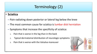 Terminology (2)
• Sciatica
– Pain radiating down posterior or lateral leg below the knee
– The most common cause for sciatica is lumbar disk herniation
– Symptoms that increase the specificity of sciatica:
1. Pain that is worse in the leg than in the back
2. Typical dermatomal distribution of neurologic symptoms
3. Pain that is worse with the Valsalva maneuver
10
 