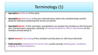 Terminology (1)
• Spondylosis: Arthritis of the spine
• Spondylolysis: A fracture in the pars interarticularis where the vertebral body and the
posterior elements protecting the nerves are joined.
• Spondylolisthesis : If left untreated, spondylolysis can weaken the vertebra so the fractured
pars interarticularis separates, allowing the injured vertebra to shift or slip forward on the
vertebra directly below it.
• Spinal stenosis: Narrowing of the vertebral canal by bone or soft tissue elements.
• Radiculopathy: Impairment of a nerve root, usually causing radiating pain, numbness,
tingling, or muscle weakness .
8
 