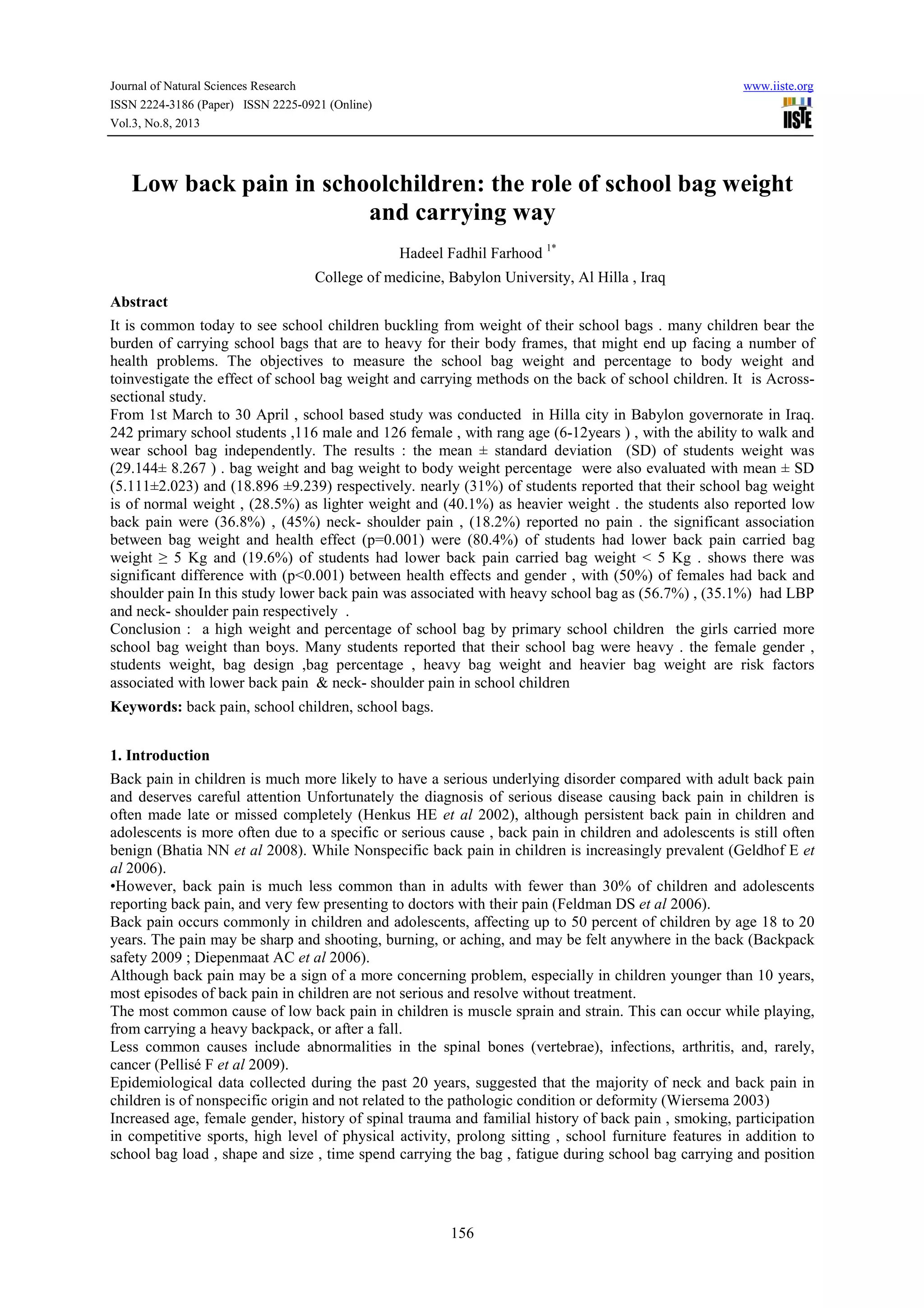 Low back pain in schoolchildrenthe role of school bag weight and ...