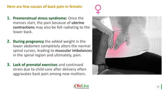 10
1. Premenstrual stress syndrome: Once the
menses start, the pain because of uterine
contractions may also be felt radiating to the
lower back.
2. During pregnancy the added weight in the
lower abdomen completely alters the normal
spinal curves, leading to muscular imbalances
in the spinal region and ultimately, pain.
3. Lack of prenatal exercises and continued
strain due to child-care after delivery often
aggravates back pain among new mothers.
Here are few causes of back pain in female:
 