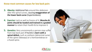 7
3. Obesity: Additional fats around the abdomen
alter the spinal curves, causing exaggeration of
the lower back curve (hyperlordosis).
4. Exercise: Lack as well as Excess of it: Muscles &
joints should be loaded and trained in a graded
manner to retain their health & to improve it.
5. Genetics: Very uncommonly a person may suffer
from low back pain if he/she is born with a
spinal defect, such as scoliosis (abnormal curve
of the spine sideways) or a hemivertebrae or
a fused spine.
Know most common causes for low back pain:
 