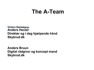 The A-Team


Anders Hecter
Direktør og i dag hjælpende hånd
Skybrud.dk


Anders Bruun
Digital rådgiver og koncept mand
Skybrud.dk
 