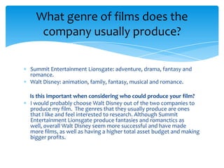 Summit Entertainment Lionsgate: adventure, drama, fantasy and
romance.
Walt Disney: animation, family, fantasy, musical and romance.
Is this important when considering who could produce your film?
I would probably choose Walt Disney out of the two companies to
produce my film. The genres that they usually produce are ones
that I like and feel interested to research. Although Summit
Entertainment Lionsgate produce fantasies and romanctics as
well, overall Walt Disney seem more successful and have made
more films, as well as having a higher total asset budget and making
bigger profits.
What genre of films does the
company usually produce?
 