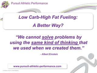 Pursuit Athletic Performance



                             Low Carb-High Fat Fueling:
                                   A Better Way?

               “We cannot solve problems by
             using the same kind of thinking that
              we used when we created them.”
                                        - Albert Einstein




                    www.pursuit-athletic-performance.com
© PURSUIT ATHLETIC PERFORMANCE
 