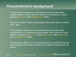 Pronutritionist’s background
 •       In recent meta-analyses low carbohydrate diets have been either
         equally eff...