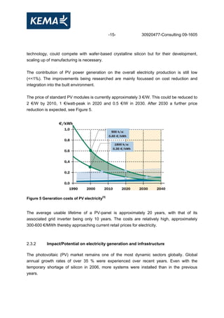 -15- 30920477-Consulting 09-1605
technology, could compete with wafer-based crystalline silicon but for their development,
scaling up of manufacturing is necessary.
The contribution of PV power generation on the overall electricity production is still low
(<<1%). The improvements being researched are mainly focussed on cost reduction and
integration into the built environment.
The price of standard PV modules is currently approximately 3 €/W. This could be reduced to
2 €/W by 2010, 1 €/watt-peak in 2020 and 0.5 €/W in 2030. After 2030 a further price
reduction is expected, see Figure 5.
Figure 5 Generation costs of PV electricity[3]
The average usable lifetime of a PV-panel is approximately 20 years, with that of its
associated grid inverter being only 10 years. The costs are relatively high, approximately
300-600 €/MWh thereby approaching current retail prices for electricity.
2.3.2 Impact/Potential on electricity generation and infrastructure
The photovoltaic (PV) market remains one of the most dynamic sectors globally. Global
annual growth rates of over 35 % were experienced over recent years. Even with the
temporary shortage of silicon in 2006, more systems were installed than in the previous
years.
 