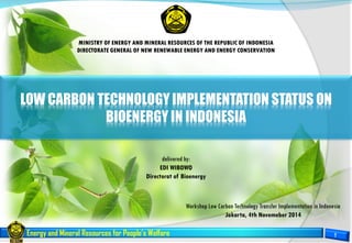 Energy and Mineral Resources for People’s Welfare
LOW CARBON TECHNOLOGY IMPLEMENTATION STATUS ON
BIOENERGY IN INDONESIA
MINISTRY OF ENERGY AND MINERAL RESOURCES OF THE REPUBLIC OF INDONESIA
DIRECTORATE GENERAL OF NEW RENEWABLE ENERGY AND ENERGY CONSERVATION
Workshop Low Carbon Technology Transfer Implementation in Indonesia
Jakarta, 4th Novemeber 2014
12/15/2014 1Energy and Mineral Resources for People’s Welfare
delivered by:
EDI WIBOWO
Directorat of Bioenergy
 
