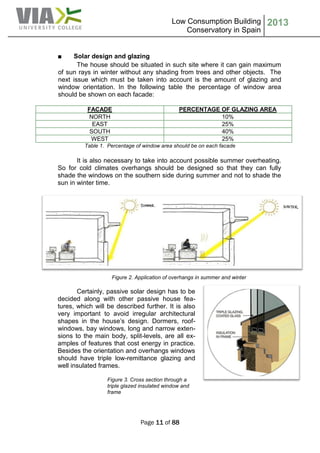 Low Consumption Building
Conservatory in Spain
2013
Page 11 of 88
■ Solar design and glazing
The house should be situated in such site where it can gain maximum
of sun rays in winter without any shading from trees and other objects. The
next issue which must be taken into account is the amount of glazing and
window orientation. In the following table the percentage of window area
should be shown on each facade:
FACADE PERCENTAGE OF GLAZING AREA
NORTH 10%
EAST 25%
SOUTH 40%
WEST 25%
Table 1. Percentage of window area should be on each facade
It is also necessary to take into account possible summer overheating.
So for cold climates overhangs should be designed so that they can fully
shade the windows on the southern side during summer and not to shade the
sun in winter time.
Figure 2. Application of overhangs in summer and winter
Certainly, passive solar design has to be
decided along with other passive house fea-
tures, which will be described further. It is also
very important to avoid irregular architectural
shapes in the house’s design. Dormers, roof-
windows, bay windows, long and narrow exten-
sions to the main body, split-levels, are all ex-
amples of features that cost energy in practice.
Besides the orientation and overhangs windows
should have triple low-remittance glazing and
well insulated frames.
Figure 3. Cross section through a
triple glazed insulated window and
frame
 