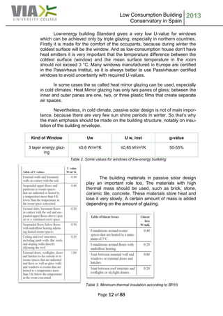 Low Consumption Building
Conservatory in Spain
2013
Page 12 of 88
Low-energy building Standard gives a very low U-value for windows
which can be achieved only by triple glazing, especially in northern countries.
Firstly it is made for the comfort of the occupants, because during winter the
coldest surface will be the window. And as low-consumption house don’t have
heat emitters it is very important that the temperature difference between the
coldest surface (window) and the mean surface temperature in the room
should not exceed 3 °C. Many windows manufactured in Europe are certified
in the Passivhaus Institut, so it is always better to use Passivhausn certified
windows to avoid uncertainty with required U-values.
In some cases the so called heat mirror glazing can be used, especially
in cold climates. Heat Mirror glazing has only two panes of glass; between the
inner and outer panes are one, two, or three plastic films that create separate
air spaces.
Nevertheless, in cold climate, passive solar design is not of main impor-
tance, because there are very few sun shine periods in winter. So that’s why
the main emphasis should be made on the building structure, notably on insu-
lation of the building envelope.
Kind of Window Uw U w, inst g-value
3 layer energy glaz-
ing
≤0,8 W/m²/K ≤0,85 W/m²/K 50-55%
Table 2. Some values for windows of low-energy bui8ding
The building materials in passive solar design
play an important role too. The materials with high
thermal mass should be used, such as brick, stone,
ceramic tile, concrete. These materials store heat and
lose it very slowly. A certain amount of mass is added
depending on the amount of glazing.
Table 3. Minimum thermal insulation according to BR10
 