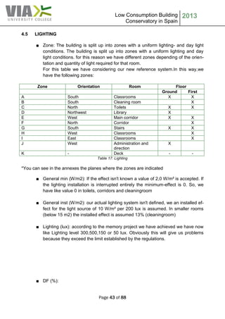Low Consumption Building
Conservatory in Spain
2013
Page 43 of 88
4.5 LIGHTING
■ Zone: The building is split up into zones with a uniform lighting- and day light
conditions. The building is split up into zones with a uniform lighting and day
light conditions. for this reason we have different zones depending of the orien-
tation and quantity of light required for that room.
For this table we have considering our new reference system.In this way,we
have the following zones:
Zone Orientation Room Floor
Ground First
A South Classrooms X X
B South Cleaning room X
C North Toilets X X
D Northwest Library X
E West Main corridor X X
F North Corridor X
G South Stairs X X
H West Classrooms X
I East Classrooms X
J West Administration and
direction
X
K - Deck - -
Table 17: Lighting
*You can see in the annexes the planes where the zones are indicated
■ General min (W/m2): If the effect isn't known a value of 2,0 W/m² is accepted. If
the lighting installation is interrupted entirely the minimum-effect is 0. So, we
have like value 0 in toilets, corridors and cleaningroom
■ General inst (W/m2): our actual lighting system isn't defined, we an installed ef-
fect for the light source of 10 W/m² per 200 lux is assumed. In smaller rooms
(below 15 m2) the installed effect is assumed 13% (cleaningroom)
■ Lighting (lux): according to the memory project we have achieved we have now
like Lighting level 300,500,150 or 50 lux. Obviously this will give us problems
because they exceed the limit established by the regulations.
■ DF (%):
 