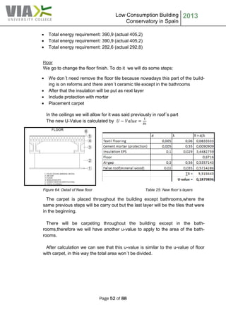 Low Consumption Building
Conservatory in Spain
2013
Page 52 of 88
 Total energy requirement: 390,9 (actual 405,2)
 Total energy requirement: 390,9 (actual 405,2)
 Total energy requirement: 282,6 (actual 292,8)
Floor
We go to change the floor finish. To do it we will do some steps:
 We don´t need remove the floor tile because nowadays this part of the build-
ing is on reforms and there aren´t ceramic tile except in the bathrooms
 After that the insulation will be put as next layer
 Include protection with mortar
 Placement carpet
In the ceilings we will allow for it was said previously in roof´s part
The new U-Value is calculated by
Figure 64: Detail of New floor Table 25: New floor´s layers
The carpet is placed throughout the building except bathrooms,where the
same previous steps will be carry out but the last layer will be the tiles that were
in the beginning.
There will be carpeting throughout the building except in the bath-
rooms,therefore we will have another u-value to apply to the area of the bath-
rooms.
After calculation we can see that this u-value is similar to the u-value of floor
with carpet, in this way the total area won´t be divided.
 
