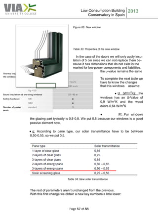 Low Consumption Building
Conservatory in Spain
2013
Page 57 of 88
Figure 66: New window
Table 33: Properties of the new window
In the case of the doors we will only apply insu-
lation of 5 cm since we can not replace them be-
cause it has dimensions that do not exist in the
market for low-power components and liabilities.
the u-value remains the same
To complete the next table we
have to know the changes
that this windows assume:
● U (W/m2
K): the
windows has an U-Value of
0,9 W/m2
K and the wood
doors 0,64 W/m2
K
● Ff: For windows
the glazing part typically is 0,5-0,8. We put 0,5 because our windows is a good
passive element now.
● g: According to pane type, our solar transmittance have to be between
0,50-0,55, so we put 0,5.
Table 34: New solar transmittance
The rest of parameters aren´t unchanged from the previous.
With this first change we obtain a new key numbers a little lower:
 