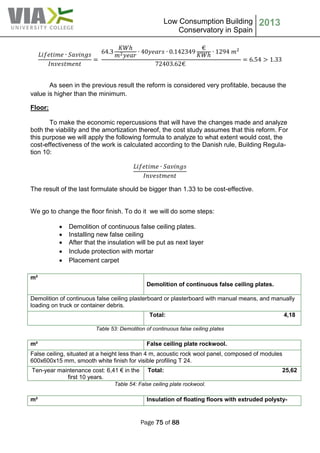 Low Consumption Building
Conservatory in Spain
2013
Page 75 of 88
As seen in the previous result the reform is considered very profitable, because the
value is higher than the minimum.
Floor:
To make the economic repercussions that will have the changes made and analyze
both the viability and the amortization thereof, the cost study assumes that this reform. For
this purpose we will apply the following formula to analyze to what extent would cost, the
cost-effectiveness of the work is calculated according to the Danish rule, Building Regula-
tion 10:
The result of the last formulate should be bigger than 1.33 to be cost-effective.
We go to change the floor finish. To do it we will do some steps:
 Demolition of continuous false ceiling plates.
 Installing new false ceiling
 After that the insulation will be put as next layer
 Include protection with mortar
 Placement carpet
m²
Demolition of continuous false ceiling plates.
Demolition of continuous false ceiling plasterboard or plasterboard with manual means, and manually
loading on truck or container debris.
Total: 4,18
Table 53: Demolition of continuous false ceiling plates
m² False ceiling plate rockwool.
False ceiling, situated at a height less than 4 m, acoustic rock wool panel, composed of modules
600x600x15 mm, smooth white finish for visible profiling T 24.
Ten-year maintenance cost: 6,41 € in the
first 10 years.
Total: 25,62
Table 54: False ceiling plate rockwool.
m² Insulation of floating floors with extruded polysty-
 