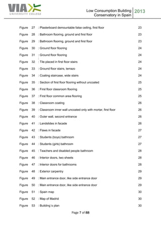 Low Consumption Building
Conservatory in Spain
2013
Page 7 of 88
Figure 27 : Plasterboard demountable false ceiling, first floor 23
Figure 28 : Bathroom flooring, ground and first floor 23
Figure 29 : Bathroom flooring, ground and first floor 23
Figure 30 : Ground floor flooring 24
Figure 31 : Ground floor flooring
:
24
Figure 32 : Tile placed in first floor stairs 24
Figure 33 : Ground floor stairs, terrazo 24
Figure 34 : Coating staircase, wide stairs 24
Figure 35 : Section of first floor flooring without uncoated 25
Figure 36 : First floor classroom flooring 25
Figure 37 : First floor common area flooring 25
Figure 38 : Classroom coating 26
Figure 39 : Classroom inner wall uncoated only with mortar, first floor 26
Figure 40 : Outer wall, second entrance 26
Figure 41 : Landslides in facade 26
Figure 42 : Flaws in facade 27
Figure 43 : Students (boys) bathroom 27
Figure 44 : Students (girls) bathroom 27
Figure 45 : Teachers and disabled people bathroom 28
Figure 46 : Interior doors, two sheets 28
Figure 47 : Interior doors for bathrooms 28
Figure 48 : Exterior carpentry 29
Figure 49 : Main entrance door, like side entrance door 29
Figure 50 : Main entrance door, like side entrance door 29
Figure 51 : Spain map 30
Figure 52 : Map of Madrid 30
Figure 53 : Building´s plan 30
 