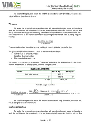 Low Consumption Building
Conservatory in Spain
2013
Page 81 of 88
As seen in the previous result the reform is considered very profitable, because the
value is higher than the minimum.
Windows:
To make the economic repercussions that will have the changes made and analyze
both the viability and the amortization thereof, the cost study assumes that this reform. For
this purpose we will apply the following formula to analyze to what extent would cost, the
cost-effectiveness of the work is calculated according to the Danish rule, Building Regula-
tion 10:
The result of the last formulate should be bigger than 1.33 to be cost-effective.
We go to change the floor finish. To do it we will do some steps:
 Withdrawal of ancient window
 Installing thermal bridge
 Placement of new window
We have found the unit price window. The characteristics of the window are as described
above: three layers of energy-pane, thermal bridge rupture ...
BUDGET OF WINDOWS
STEPS PRICE (€) UNITS (ud)
Unit price window 410,15
∑ = 410,15 61
TOTAL 25019,15
Table 69: budget of windows
As seen in the previous result the reform is considered very profitable, because the
value is higher than the minimum.
Mechanical cooling
To make the economic repercussions that will have the changes made and analyze
both the viability and the amortization thereof, the cost study assumes that this reform. For
 