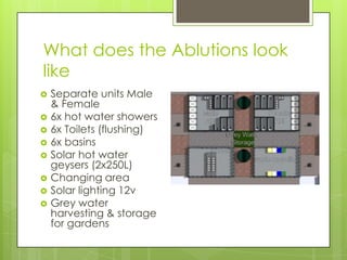 What does the Ablutions look
like
 Separate units Male
& Female
 6x hot water showers
 6x Toilets (flushing)
 6x basins
 Solar hot water
geysers (2x250L)
 Changing area
 Solar lighting 12v
 Grey water
harvesting & storage
for gardens
 