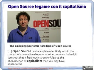 Open Source legame con il capitalismo




 The Emerging Economic Paradigm of Open Source

[…] Open Source can be explained entirely within the
context of conventional open-market economics. Indeed, it
turns out that it has much stronger ties to the
phenomenon of capitalism than you may have
appreciated.
http://perens.com/works/articles/Economic.html
 