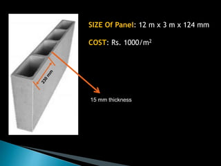 SIZE Of Panel: 12 m x 3 m x 124 mm
COST: Rs. 1000/m2
15 mm thickness
 