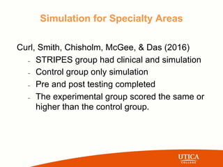 Simulation for Specialty Areas
Curl, Smith, Chisholm, McGee, & Das (2016)
– STRIPES group had clinical and simulation
– Control group only simulation
– Pre and post testing completed
– The experimental group scored the same or
higher than the control group.
 