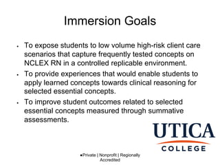 Immersion Goals
●Private | Nonprofit | Regionally
Accredited
• To expose students to low volume high-risk client care
scenarios that capture frequently tested concepts on
NCLEX RN in a controlled replicable environment.
• To provide experiences that would enable students to
apply learned concepts towards clinical reasoning for
selected essential concepts.
• To improve student outcomes related to selected
essential concepts measured through summative
assessments.
 