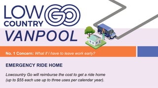 EMERGENCY RIDE HOME
a
Lowcountry Go will reimburse the cost to get a ride home
(up to $55 each use up to three uses per calendar year).
No. 1 Concern: What if I have to leave work early?
 