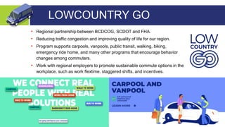 • Regional partnership between BCDCOG, SCDOT and FHA.
• Reducing trafﬁc congestion and improving quality of life for our region.
• Program supports carpools, vanpools, public transit, walking, biking,
emergency ride home, and many other programs that encourage behavior
changes among commuters.
• Work with regional employers to promote sustainable commute options in the
workplace, such as work ﬂextime, staggered shifts, and incentives.
LOWCOUNTRY GO
 