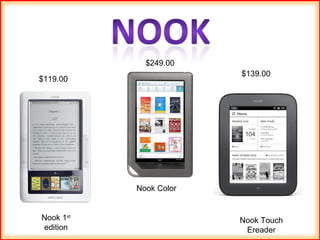 Nook 1 st  edition Nook Color Nook Touch Ereader $119.00 $249.00 $139.00 