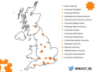 @REACT_SE
A Aston University
B University of Brighton
C University of Bristol
D Buckinghamshire New University
E Canterbury Christ Church University
F University College London
G Edinburgh Napier University
H University of Exeter
I University of Greenwich
J University of Manchester
K London Metropolitan University
L Newcastle University
M Newman University
N Sheffield Hallam University
O University of Southampton
P University of Winchester
 
