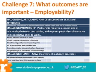 RECOGNISING, ARTIULATING AND DEVELOPING MY SKILLS and
ATTRIBUTES
Please tick the skills and attributes that you have gained and are continuing to develop, as well as specific areas you would like to improve in
MANAGING PARTNERSHIP Partnership requires a special kind of
relationship between two parties, and requires particular collaborative
and cooperative skills to work…
1Respect the views and values of others
2Work in a trusting and supportive relationship
3Share knowledge, skills, experience and expertise
4Act as critical friends, learn from each other
5Ensure dissemination is characterised by a shared voice
6Recognise changes in conventional power relationships
MANAGING CHANGE Active involvement in change processes:
1Recognise that change processes need careful planning
2Better understand some of the processes of change
3Work with others to design/implement change
Challenge 7: What outcomes are
important – Employability?
@REACT_SEwww.studentengagement.ac.uk
 