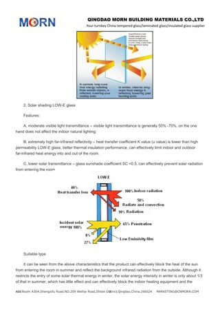 QINGDAO MORN BUILDING MATERIALS CO.,LTD
Your turnkey China tempered glass/laminated glass/insulated glass supplier
Add:Room A304,Shengxifu Road,NO.209 Weihai Road,Shibei District,Qingdao,China,266024 MARKETING@CNMORN.COM2
2, Solar shading LOW-E glass
Features:
A, moderate visible light transmittance – visible light transmittance is generally 50% -70%, on the one
hand does not affect the indoor natural lighting.
B, extremely high far-infrared reflectivity – heat transfer coefficient K value (u value) is lower than high
permeability LOW-E glass, better thermal insulation performance, can effectively limit indoor and outdoor
far-infrared heat energy into and out of the room.
C, lower solar transmittance – glass sunshade coefficient SC <0.5, can effectively prevent solar radiation
from entering the room.
Suitable type
It can be seen from the above characteristics that the product can effectively block the heat of the sun
from entering the room in summer and reflect the background infrared radiation from the outside. Although it
restricts the entry of some solar thermal energy in winter, the solar energy intensity in winter is only about 1/3
of that in summer, which has little effect and can effectively block the indoor heating equipment and the
 