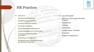 HR Practices
 Upto 2012
• Recruitment & Selection -
• Identifying open positions
• Creating Job Descriptions
• Sourcing candidates
• Screening and Shortlisting CVs
• Conducting Interviews (All Levels)
• Conducting all on boarding
formalities
• Inducting new employees
• Designing and Conducting Campus
Recruitment Programs
 2012 ONWARDS
• The Lowe Lintas Apprenticeship
Program
• Recruitment
• Training
• Counselling
• Compensation + Benefits
• Personnel
• Employee Engagement
 