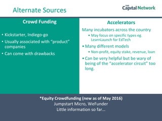 Alternate Sources
Crowd Funding
• Kickstarter, Indiego-go
• Usually associated with “product”
companies
• Can come with dr...