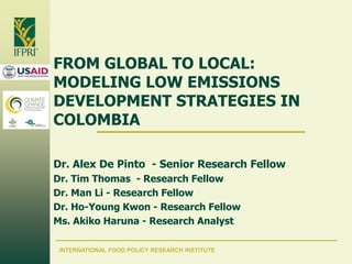 FROM GLOBAL TO LOCAL:
MODELING LOW EMISSIONS
DEVELOPMENT STRATEGIES IN
COLOMBIA
Dr. Alex De Pinto - Senior Research Fellow
Dr. Tim Thomas - Research Fellow
Dr. Man Li - Research Fellow
Dr. Ho-Young Kwon - Research Fellow
Ms. Akiko Haruna - Research Analyst
INTERNATIONAL FOOD POLICY RESEARCH INSTITUTE

 