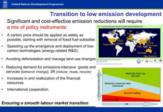 Transition to low emission development
    Significant and cost-effective emission reductions will require
    a mix of policy instruments:
•   A carbon price should be applied as widely as
    possible, starting with removal of fossil fuel subsidies
•   Speeding up the emergence and deployment of low-
    carbon technologies (energy-related R&D);

• Avoiding deforestation and manage land use changes

• Reducing demand for emissions-intensive goods and
  services (behavior change); 3R (reduce, reuse, recycle)
•   Increases in and reallocation of the financial
    resources
•   International cooperation


Ensuring a smooth labour market transition
 