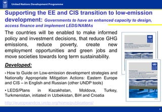 Supporting the EE and CIS transition to low-emission
development: Governments to have an enhanced capacity to design,
access finance and implement LEDS/NAMAs
Regional Project enabled to make informed
The countries will be
policy and investment decisions, that reduce GHG
emissions,    reduce    poverty,    create     new
employment opportunities and green jobs and
move societies towards long term sustainability.
Developed:
• How to Guide on Low-emission development strategies and
Nationally Appropriate Mitigation Actions: Eastern Europe
and CIS – in English and Russian (other UNDP tools)
• LEDS/Plans      in     Kazakhstan,     Moldova,     Turkey,
Turkmenistan, initiated in Uzbekistan, BiH and Croatia
http://europeandcis.undp.org/home/publications/
 