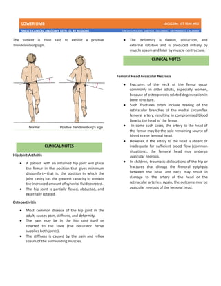 LOWER LIMB LDCUCOM: 1ST YEAR MED
SNELL’S CLINICAL ANATOMY 10TH ED. BY REGIONS CREDITS: PULIDO, ZARTIGA , GILLAMAC, ARITRANGCO, CALAMBA
The patient is then said to exhibit a positive
Trendelenburg sign.
Hip Joint Arthritis
● A patient with an inflamed hip joint will place
the femur in the position that gives minimum
discomfort—that is, the position in which the
joint cavity has the greatest capacity to contain
the increased amount of synovial fluid secreted.
● The hip joint is partially flexed, abducted, and
externally rotated.
Osteoarthritis
● Most common disease of the hip joint in the
adult, causes pain, stiffness, and deformity.
● The pain may be in the hip joint itself or
referred to the knee (the obturator nerve
supplies both joints).
● The stiffness is caused by the pain and reflex
spasm of the surrounding muscles.
● The deformity is flexion, adduction, and
external rotation and is produced initially by
muscle spasm and later by muscle contracture.
Femoral Head Avascular Necrosis
● Fractures of the neck of the femur occur
commonly in older adults, especially women,
because of osteoporosis-related degeneration in
bone structure.
● Such fractures often include tearing of the
retinacular branches of the medial circumflex
femoral artery, resulting in compromised blood
flow to the head of the femur.
● In some such cases, the artery to the head of
the femur may be the sole remaining source of
blood to the femoral head.
● However, if the artery to the head is absent or
inadequate for sufficient blood flow (common
situations), the femoral head may undergo
avascular necrosis.
● In children, traumatic dislocations of the hip or
fractures that disrupt the femoral epiphysis
between the head and neck may result in
damage to the artery of the head or the
retinacular arteries. Again, the outcome may be
avascular necrosis of the femoral head.
 
