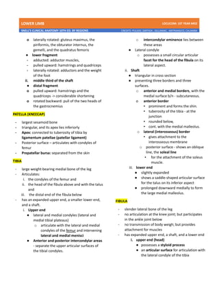 LOWER LIMB LDCUCOM: 1ST YEAR MED
SNELL’S CLINICAL ANATOMY 10TH ED. BY REGIONS CREDITS: PULIDO, ZARTIGA , GILLAMAC, ARITRANGCO, CALAMBA
o laterally rotated: gluteus maximus, the
piriformis, the obturator internus, the
gemelli, and the quadratus femoris
● lower fragment
- adducted: adductor muscles,
- pulled upward: hamstrings and quadriceps
- laterally rotated: adductors and the weight
of the foot
ii. middle third of the shaft
● distal fragment
o pulled upward: hamstrings and the
quadriceps -> considerable shortening
o rotated backward: pull of the two heads of
the gastrocnemius
PATELLA (KNEECAP)
- largest sesamoid bone
- triangular, and its apex lies inferiorly
- Apex: connected to tuberosity of tibia by
ligamentum patellae (patellar ligament)
- Posterior surface – articulates with condyles of
femur
- Prepatellar bursa: separated from the skin
TIBIA
- large weight-bearing medial bone of the leg
- Articulates:
i. the condyles of the femur and
ii. the head of the fibula above and with the talus
and
iii. the distal end of the fibula below
- has an expanded upper end, a smaller lower end,
and a shaft.
i. Upper end
● lateral and medial condyles (lateral and
medial tibial plateaus)
o articulate with the lateral and medial
condyles of the femur and intervening
lateral and medial menisci
● Anterior and posterior intercondylar areas
- separate the upper articular surfaces of
the tibial condyles.
o intercondylar eminence lies between
these areas
● Lateral condyle
o possesses a small circular articular
facet for the head of the fibula on its
lateral aspect.
ii. Shaft
● triangular in cross section
● presenting three borders and three
surfaces.
o anterior and medial borders, with the
medial surface b/n - subcutaneous.
o anterior border
▪ prominent and forms the shin.
▪ tuberosity of the tibia - at the
junction
▪ rounded below,
▪ cont. with the medial malleolus.
o lateral (interosseous) border
▪ gives attachment to the
interosseous membrane
o posterior surface - shows an oblique
line, the soleal line
▪ for the attachment of the soleus
muscle.
iii. lower end
● slightly expanded
● shows a saddle-shaped articular surface
for the talus on its inferior aspect
● prolonged downward medially to form
the large medial malleolus.
FIBULA
- slender lateral bone of the leg
- no articulation at the knee joint; but participates
in the ankle joint below
- no transmission of body weigh; but provides
attachment for muscles
- has expanded upper end, a shaft, and a lower end
i. upper end (head)
● possesses a styloid process
● an articular surface for articulation with
the lateral condyle of the tibia
 