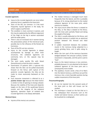 LOWER LIMB LDCUCOM: 1ST YEAR MED
SNELL’S CLINICAL ANATOMY 10TH ED. BY REGIONS CREDITS: PULIDO, ZARTIGA , GILLAMAC, ARITRANGCO, CALAMBA
Cruciate Ligaments
● Injury to the cruciate ligaments can occur when
excessive force is applied to the knee joint.
● Tears of the ACL are common. It is the most
frequently injured ligament in the body, for
which surgery is performed.
● The condition is more common in women, and
this may be explained by the different alignment
of the thigh on the leg in women associated
with the wider pelvis.
● There is also an increased risk in women during
the preovulatory phase of the menstrual cycle,
possibly due to the influence of the female sex
hormones.
● Tears of the PCL are less common.
● Injury to the cruciate ligaments is always
accompanied by damage to other knee
structures; the collateral ligaments are
commonly torn, or the capsule may be
damaged.
● The joint cavity quickly fills with blood
(hemarthrosis) so that the joint is swollen.
● Examination of patients with a ruptured ACL
shows that the tibia can be pulled excessively
forward on the femur; with rupture of the
posterior cruciate ligament, the tibia can be
made to move excessively backward on the
femur.
● Such excessive movement is referred to as a
positive drawer sign because the tibial motion
is similar to that of opening or closing a drawer.
Because the stability of the knee joint depends
largely on the tone of the quadriceps femoris
muscle and the integrity of the collateral
ligaments, operative repair of isolated torn
cruciate ligaments is not always attempted.
Meniscal Injury
● Injuries of the menisci are common.
● The medial meniscus is damaged much more
frequently than the lateral, and this is probably
because of its strong attachment to the medial
collateral ligament of the knee joint, which
restricts its mobility.
● The injury occurs when the femur is rotated on
the tibia, or the tibia is rotated on the femur,
with the knee joint partially flexed and taking
the weight of the body.
● The tibia is usually abducted on the femur, and
the medial meniscus is pulled into an abnormal
position between the femoral and tibial
condyles.
● A sudden movement between the condyles
results in the meniscus being subjected to a
severe grinding force, and it splits along its
length.
● When the torn part of the meniscus becomes
wedged between the articular surfaces, further
movement is impossible, and the joint is said to
“lock”.
● Injury to the lateral meniscus is less common,
probably because it is not attached to the lateral
collateral ligament of the knee joint and is
consequently more mobile.
● The popliteus muscle sends a few of its fibers
into the lateral meniscus, and these can pull the
meniscus into a more favorable position during
sudden movements of the knee joint.
Pneumoarthrography
● Air can be injected into the synovial cavity of
the knee joint so that soft tissues can be
studied.
● This technique is based on the fact that air is
less radiopaque than structures such as the
medial and lateral menisci, so their outline can
be visualized on a radiograph.
 