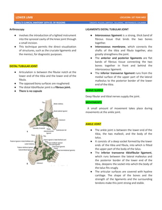 LOWER LIMB LDCUCOM: 1ST YEAR MED
SNELL’S CLINICAL ANATOMY 10TH ED. BY REGIONS CREDITS: PULIDO, ZARTIGA , GILLAMAC, ARITRANGCO, CALAMBA
Arthroscopy
● involves the introduction of a lighted instrument
into the synovial cavity of the knee joint through
a small incision.
● This technique permits the direct visualization
of structures, such as the cruciate ligaments and
the menisci, for diagnostic purposes.
DISTAL TUBULAR JOINT
● Articulation is between the fibular notch at the
lower end of the tibia and the lower end of the
fibula.
● The opposed bony surfaces are roughened.
● The distal tibiofibular joint is a fibrous joint.
● There is no capsule
LIGAMENTS DISTAL TUBULAR JOINT
● Interosseous ligament is a strong, thick band of
fibrous tissue that binds the two bones
together.
● Interosseous membrane, which connects the
shafts of the tibia and fibula together, also
greatly strengthens the joint.
● The anterior and posterior ligaments are flat
bands of fibrous tissue connecting the two
bones together in front and behind the
interosseous ligament.
● The inferior transverse ligament runs from the
medial surface of the upper part of the lateral
malleolus to the posterior border of the lower
end of the tibia.
NERVE SUPPLY
Deep fibular and tibial nerves supply the joint.
MOVEMENTS
A small amount of movement takes place during
movements at the ankle joint.
ANKLE JOINT
● The ankle joint is between the lower end of the
tibia, the two malleoli, and the body of the
talus.
● It consists of a deep socket formed by the lower
ends of the tibia and fibula, into which is fitted
the upper part of the body of the talus.
● The inferior transverse tibiofibular ligament,
which runs between the lateral malleolus and
the posterior border of the lower end of the
tibia, deepens the socket into which the body of
the talus fits snugly.
● The articular surfaces are covered with hyaline
cartilage. The shape of the bones and the
strength of the ligaments and the surrounding
tendons make this joint strong and stable.
 