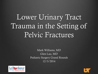 Lower Urinary Tract
Trauma in the Setting of
Pelvic Fractures
Mark Williams, MD
Glen Lau, MD
Pediatric Surgery Grand Rounds
12/3/2014
 