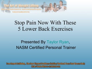 Stop Pain Now With These  5 Lower Back Exercises  Presented By  Taylor Ryan ,  NASM Certified Personal Trainer 