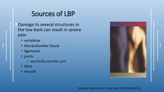 Sources of LBP
¶Damage to several structures in
the low back can result in severe
pain
• vertebrae
• thoracolumbar fascia
• ligaments
• joints
• specifically sacroiliac joint
• discs
• muscle
Deyo RA, Weinstein JN. N Engl J Med. 2001;344:363-370.
 