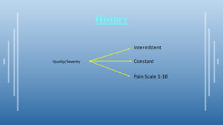 History
Quality/Severity
Intermittent
Constant
Pain Scale 1-10
 