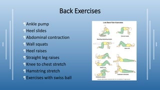 Back Exercises
¶Ankle pump
¶Heel slides
¶Abdominal contraction
¶Wall squats
¶Heel raises
¶Straight leg raises
¶Knee to chest stretch
¶Hamstring stretch
¶Exercises with swiss ball
 