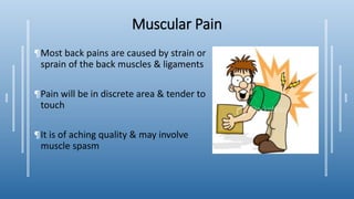 Muscular Pain
¶Most back pains are caused by strain or
sprain of the back muscles & ligaments
¶Pain will be in discrete area & tender to
touch
¶It is of aching quality & may involve
muscle spasm
 