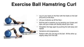 Exercise Ball Hamstring Curl
• Lay on your back on the floor with the heels on the ball
and arms on the floor.
• Lift your buttocks up off the floor.
• Roll the ball in towards you by bending your knees and
hips until your knees are directly above your hips.
• Straighten the legs again by pushing the ball away and
repeat.
• Variations and progressions.
• Perform with only one leg on the ball - lift the other up
slightly away from the ball.
 