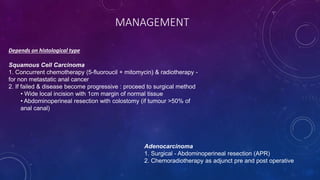 MANAGEMENT
Depends on histological type
Squamous Cell Carcinoma
1. Concurrent chemotherapy (5-fluoroucil + mitomycin) & radiotherapy -
for non metastatic anal cancer
2. If failed & disease become progressive : proceed to surgical method
• Wide local incision with 1cm margin of normal tissue
• Abdominoperineal resection with colostomy (if tumour >50% of
anal canal)
Adenocarcinoma
1. Surgical - Abdominoperineal resection (APR)
2. Chemoradiotherapy as adjunct pre and post operative
 
