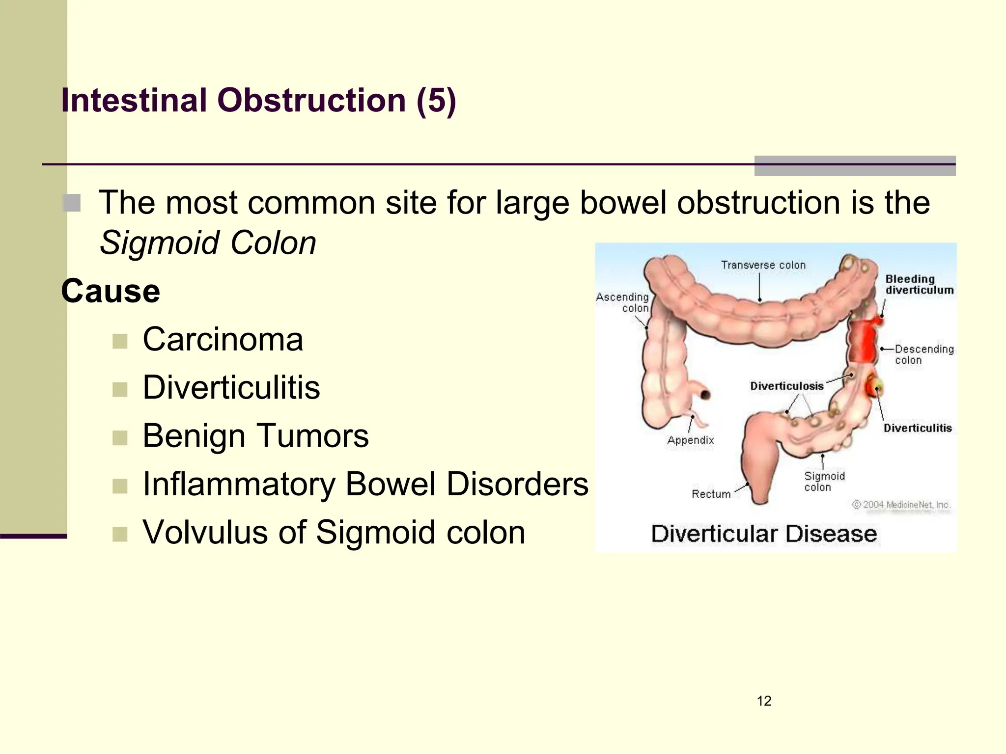 Intestinal Obstruction (5)
 The most common site for large bowel obstruction is the
Sigmoid Colon
Cause
 Carcinoma
 Diverticulitis
 Benign Tumors
 Inflammatory Bowel Disorders
 Volvulus of Sigmoid colon
12
 