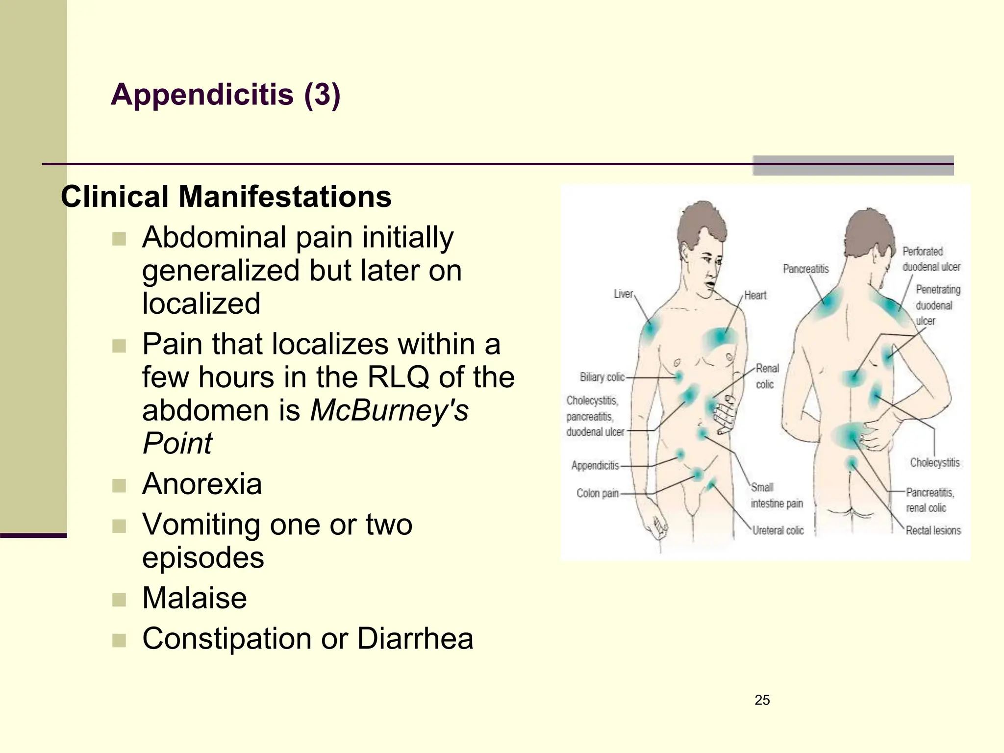 Appendicitis (3)
Clinical Manifestations
 Abdominal pain initially
generalized but later on
localized
 Pain that localizes within a
few hours in the RLQ of the
abdomen is McBurney's
Point
 Anorexia
 Vomiting one or two
episodes
 Malaise
 Constipation or Diarrhea
25
 